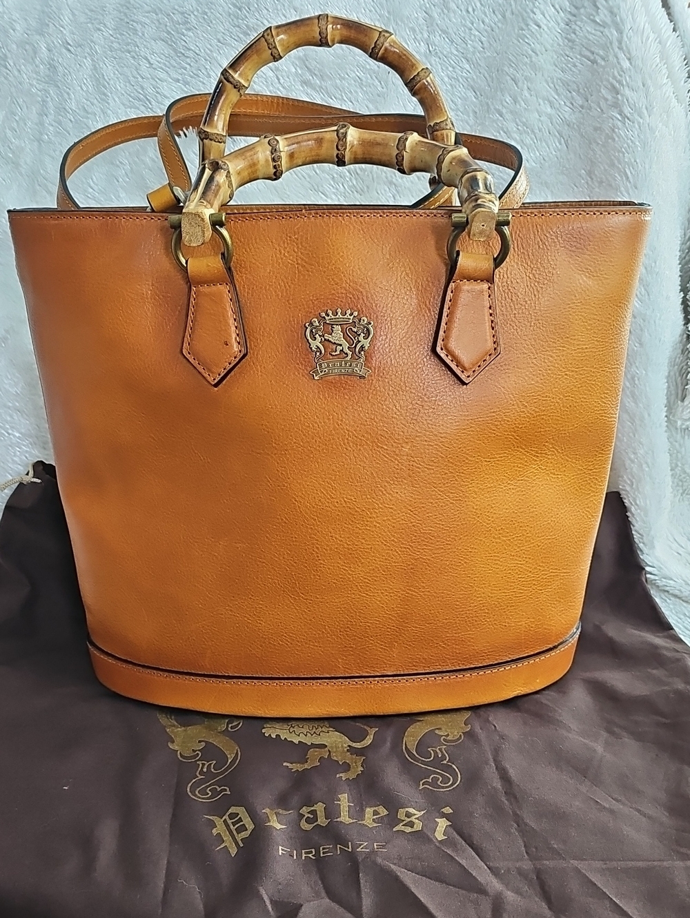 Pratesi Firenze Tan Leather Tote with Bamboo Handles